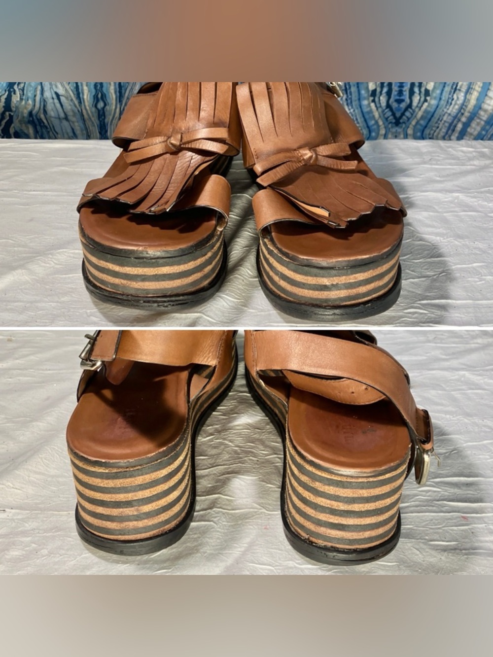 Minelli 90s Y2K Chunky Creeper Platform Sandals Kiltie Fringe Brown Gold Boho 10 - Picture 6 of 8